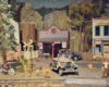 Indoor model scene of city near tracks