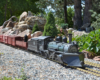 Model steam train with snowplow on tracks