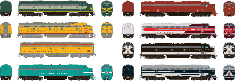 Illustration showing nose, side, and rear views of EMD E8 diesel locomotives.