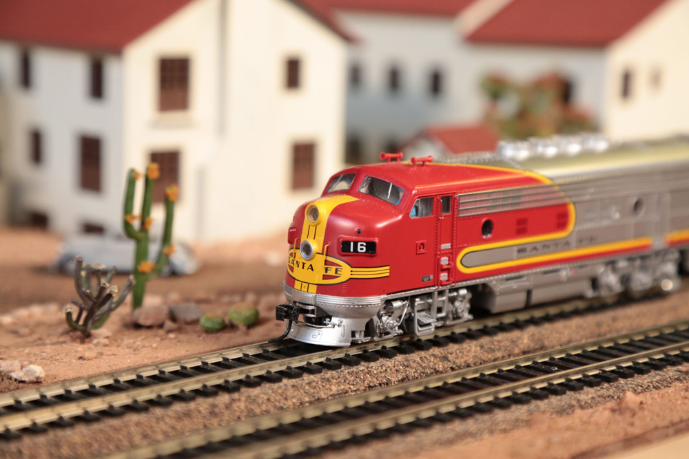 Model Santa Fe diesel locomotive on tracks