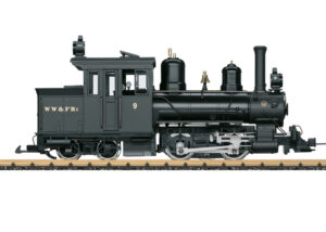 Photo of engineer’s side of large scale Forney 0-4-4RT steam locomotive painted black with gold graphics on white background.