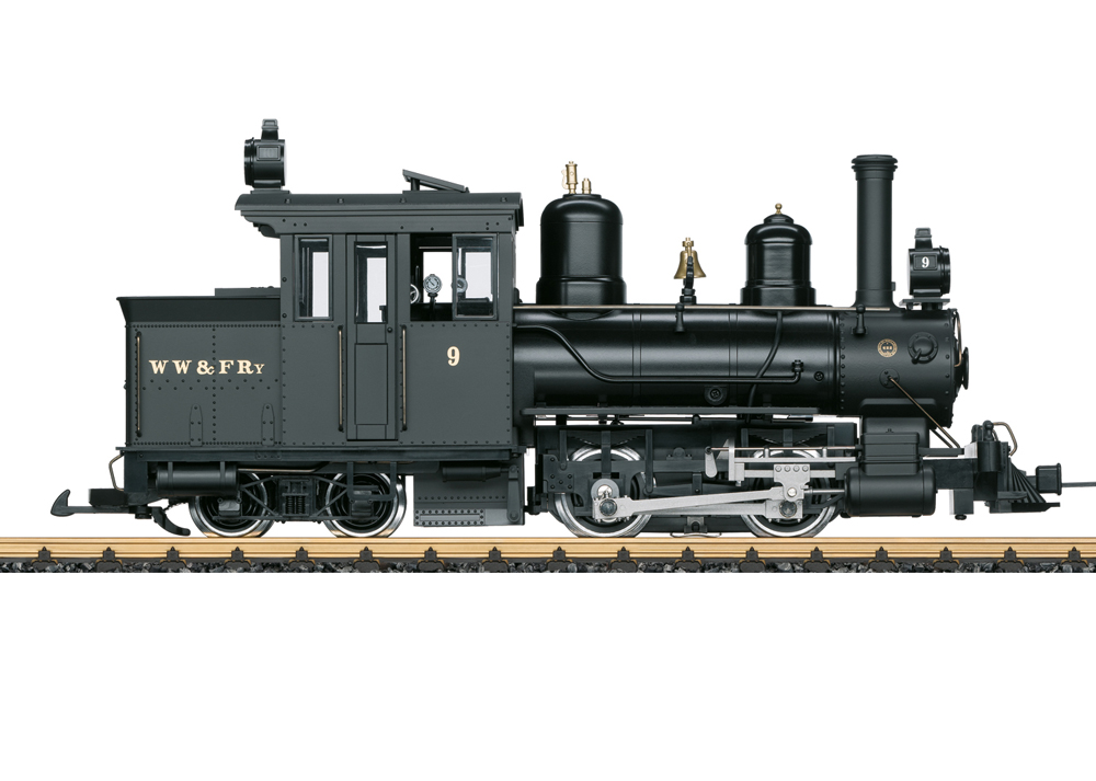 Photo of engineer’s side of large scale Forney 0-4-4RT steam locomotive painted black with gold graphics on white background. 