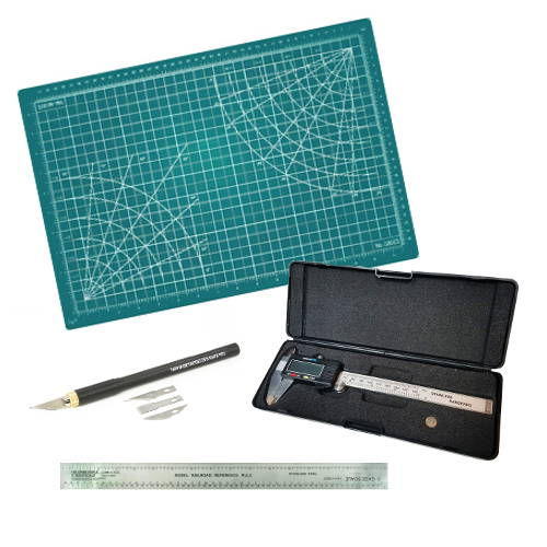 Hobby knife, metal scale rule, and self-healing cutting mat