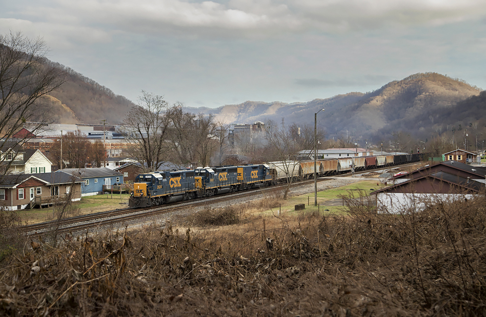 Blue and yellow locomotives lead a train through a mountain valley.