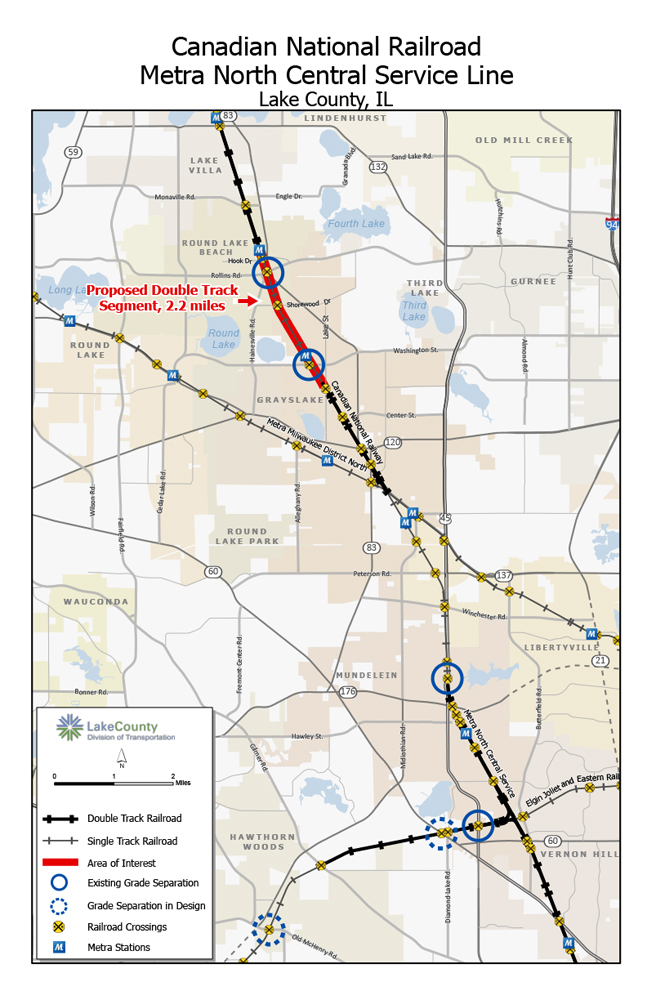 Map showing rail lines in Lake County, Ill.