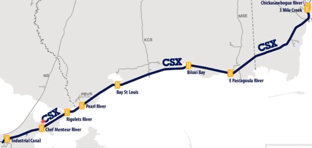 Map showing seven drawbridges on rail line between New Orleans and Mobile, Ala.