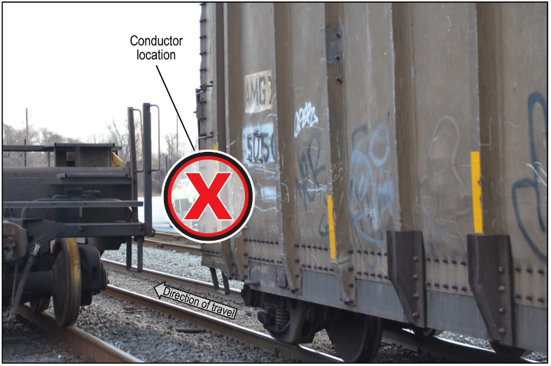 Photo of railcars on adjacent tracks, with notations showing details of fatal accident