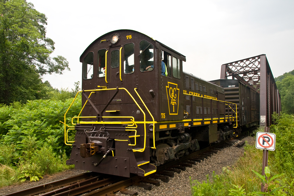 Maroon end-cab switcher with yellow trim
