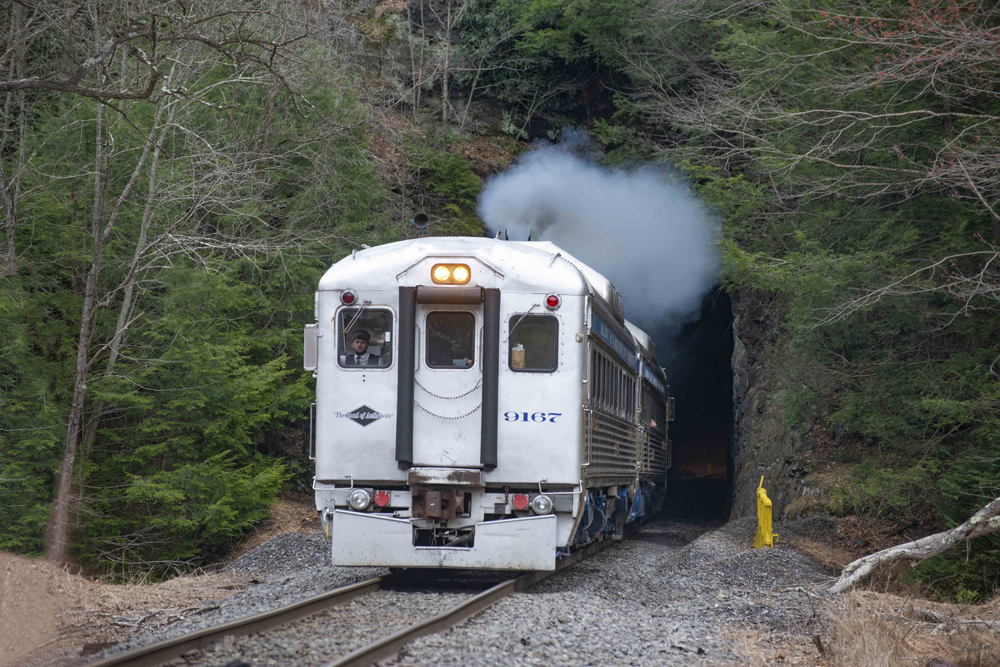 Rail Diesel Car exiting tunnel