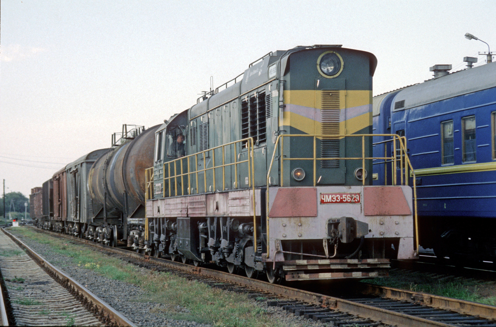 Train in Ukraine with green locomotive and heavy-duty freight cars