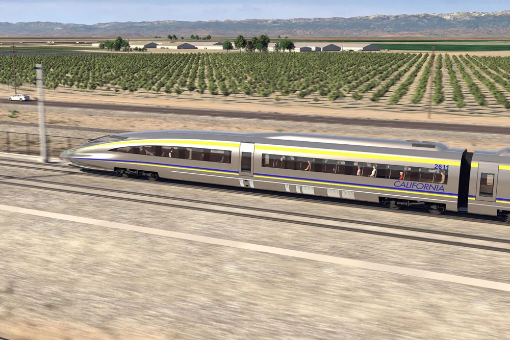 drawing of high speed rail locomotive on tracks in California