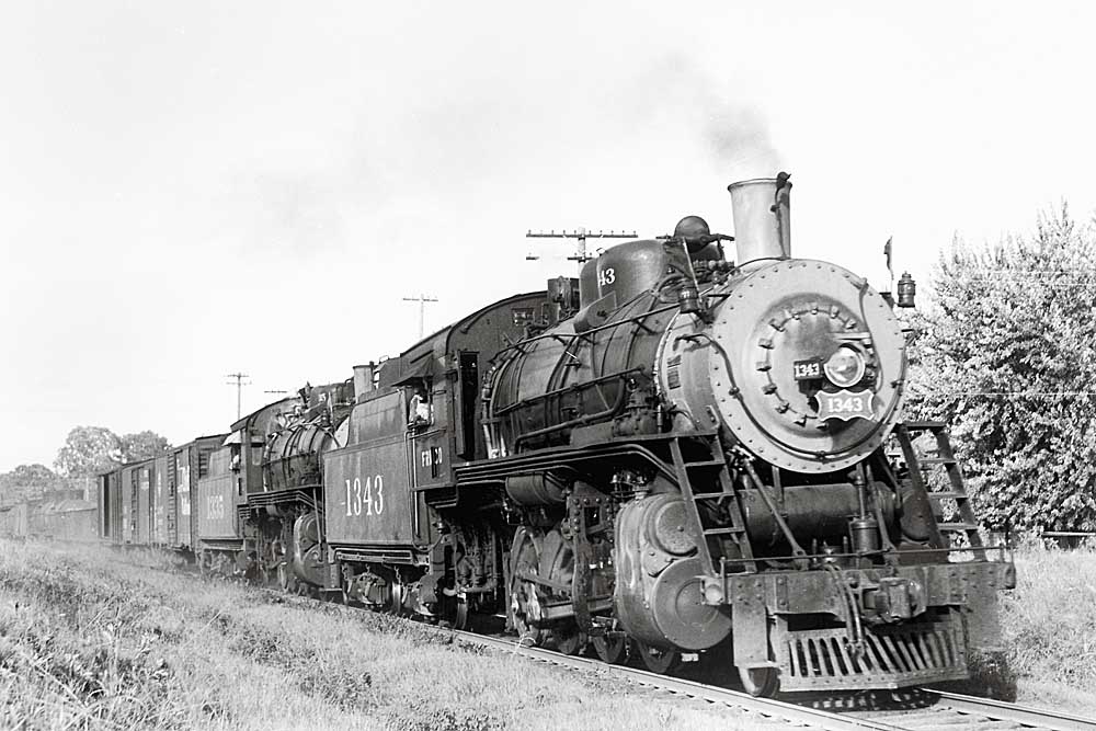 Two steam locomotives lead Frisco freight train