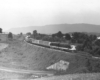 Streamlined diesel locomtoives lead a trailer-on-flatcar train through a lush valley.