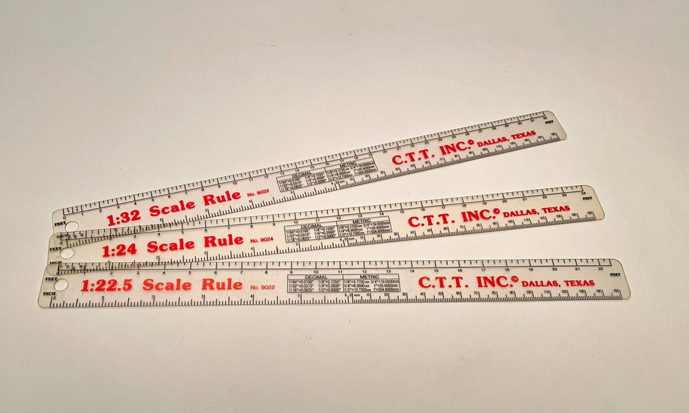 Plastic scale rules in 1:32, 1:24, and 1:22.5 scales
