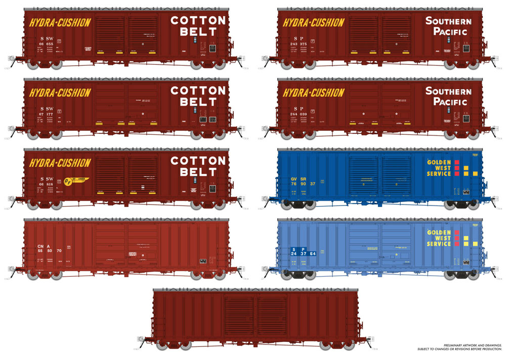 boxcars in a variety of paint schemes