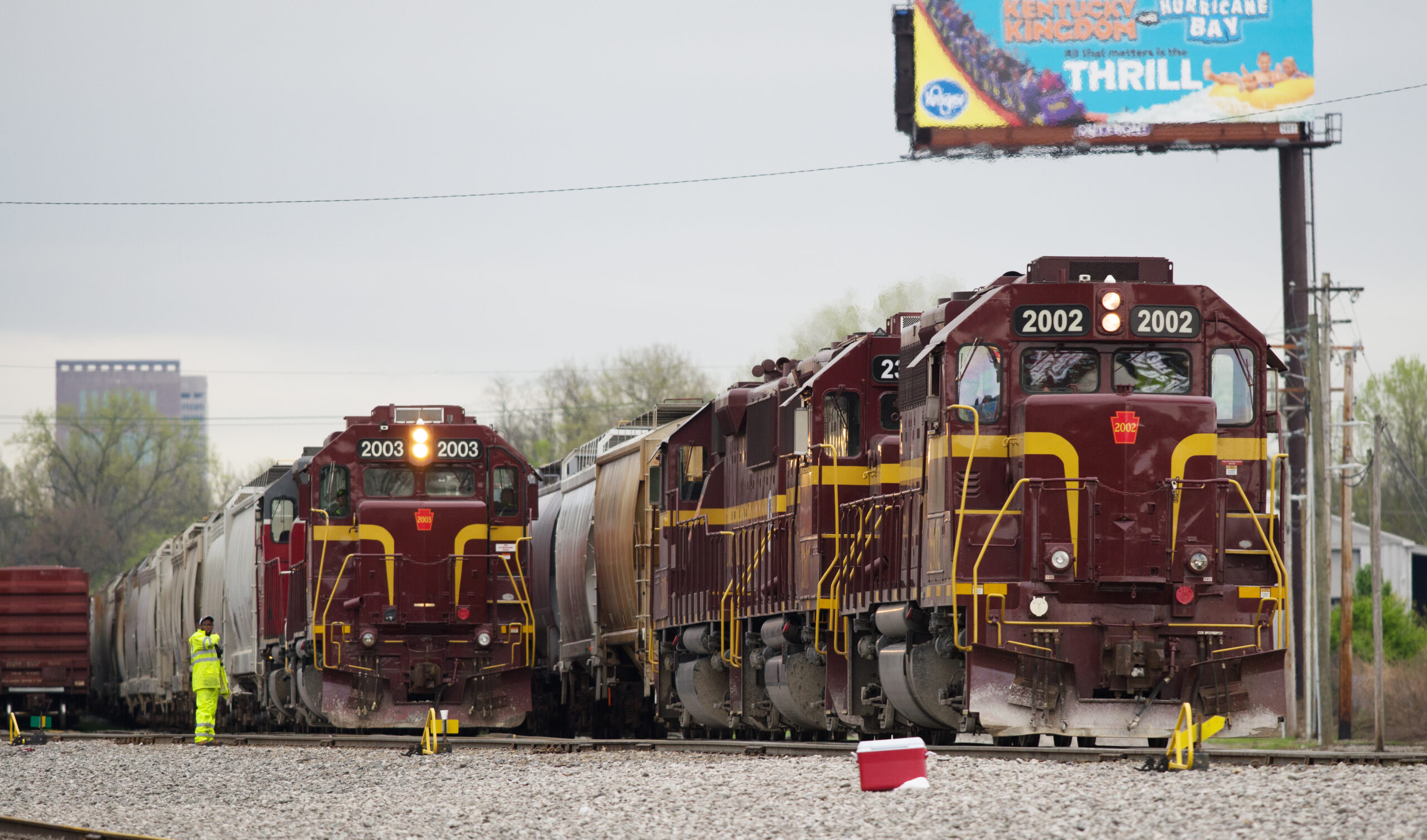 Maroon locomotives in switching yard