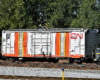 Boxcar equipped with scientific instruments for railroad track inspection.