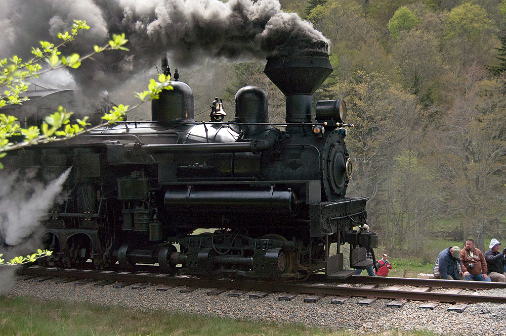 Black steam locomotive inching forward among railroad photographers.