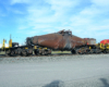 A bottle-shaped freight car used to carry molten steel.