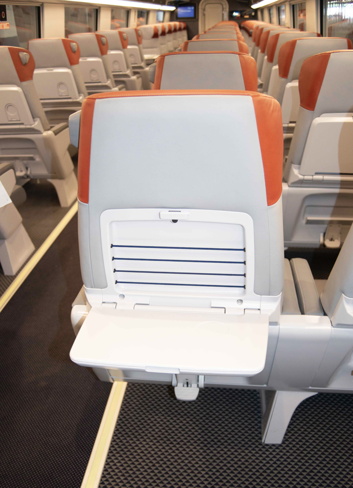 Back of seat with fold-down tray table extended