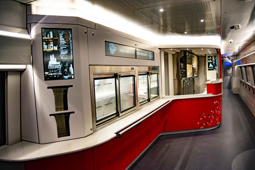 Interior of passenger car with food-service area