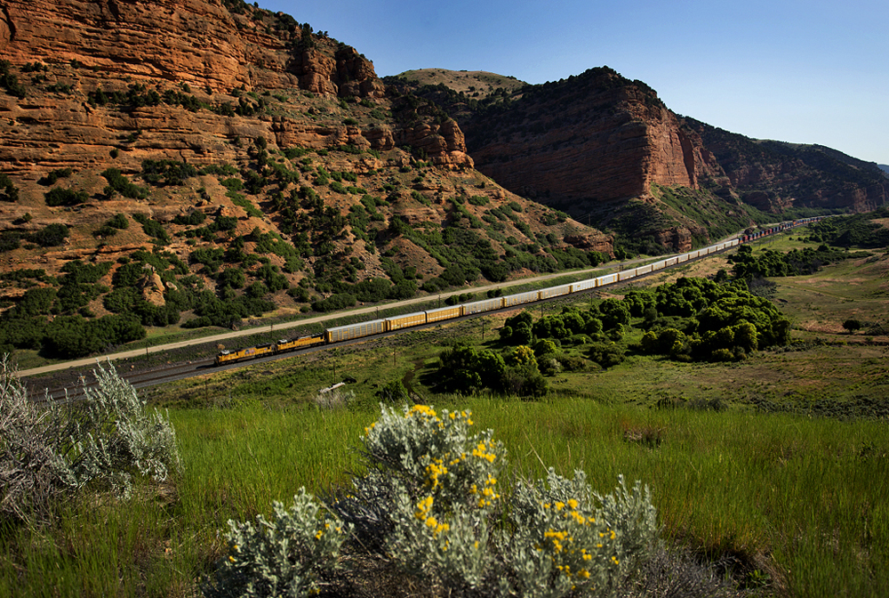 Train passing below red rock formations