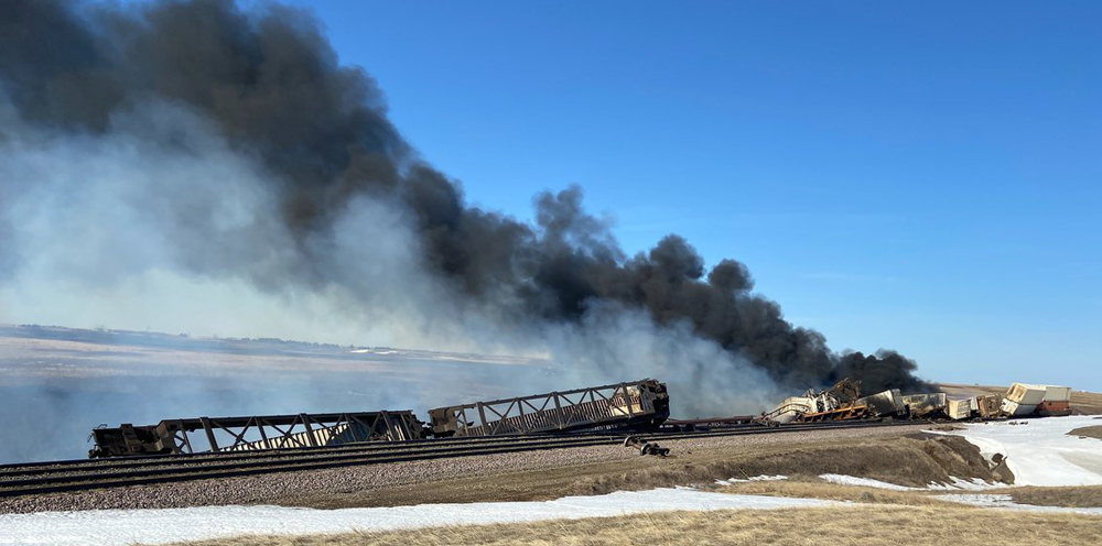 Black smoke rising from fire at train derailment