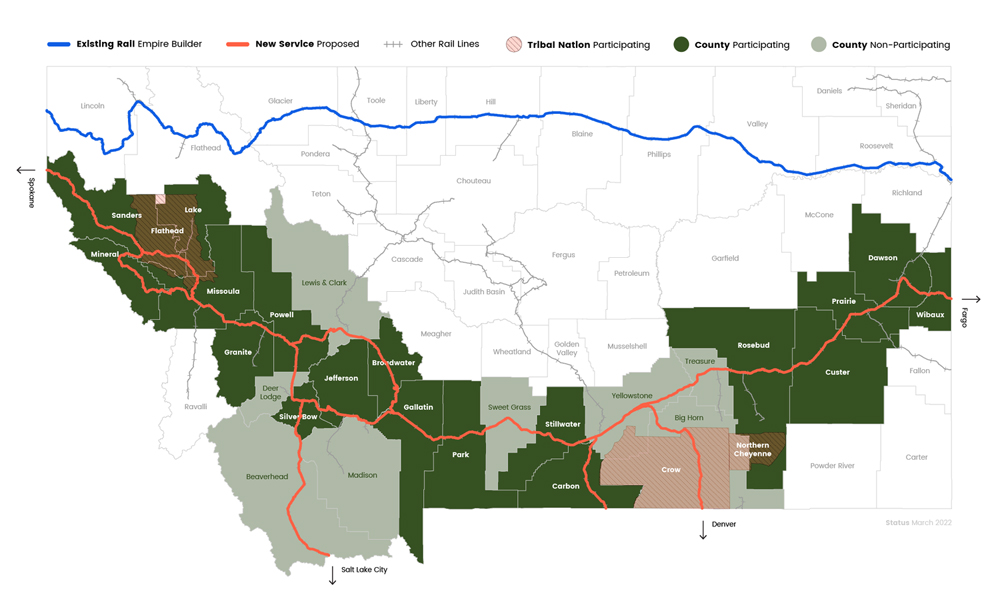 Map of Montana showing counties involved in Big Sky Passenger Rail Authority