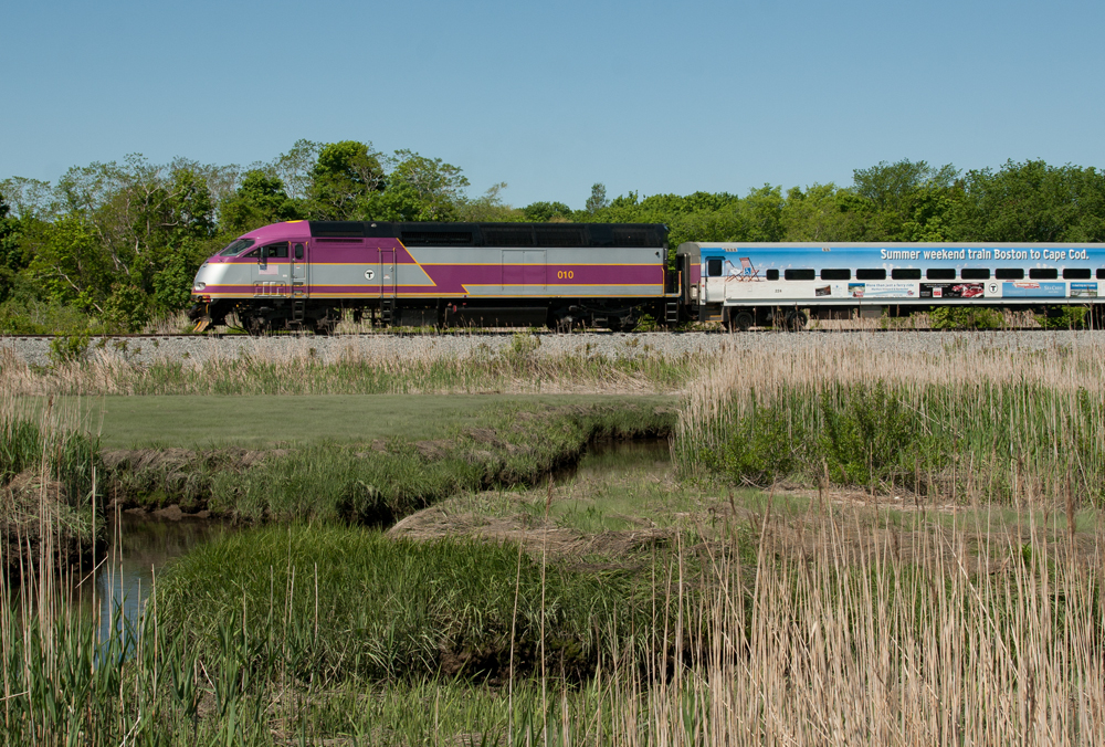 Side view of pasenger train in grassy field