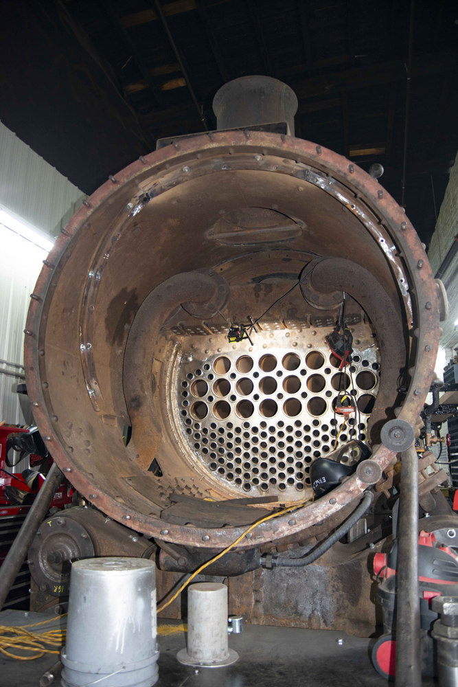 Front of steam locomotive under restoration