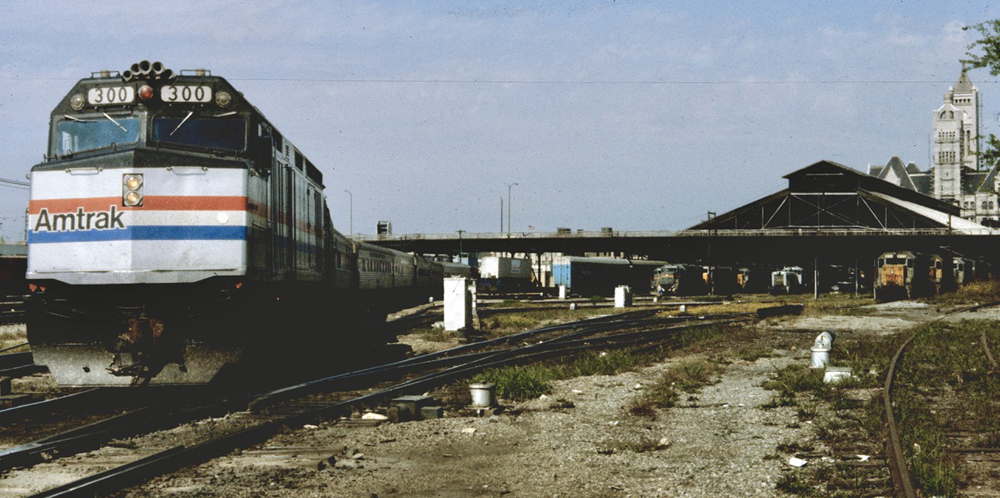 Passenger train leaves station 