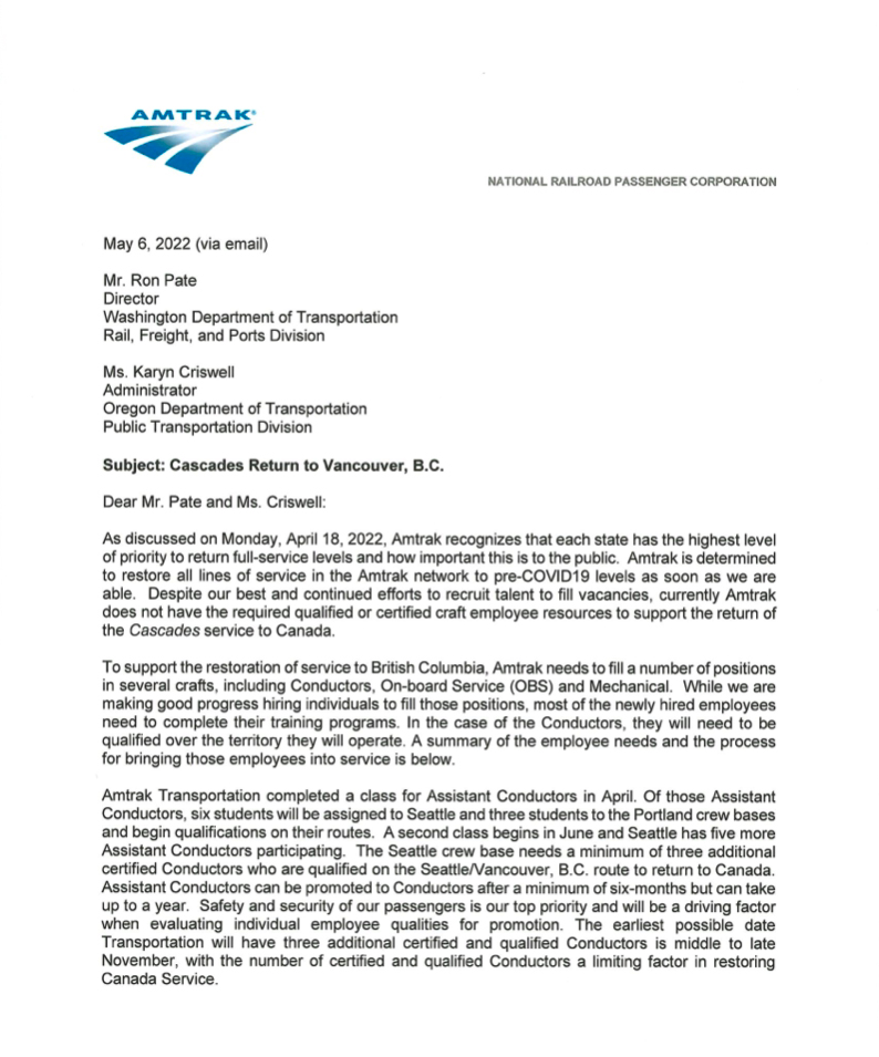 Reproduction of letter from Amtraks's Ray Lang on delay in restarting Cascades service to Canada, page 1