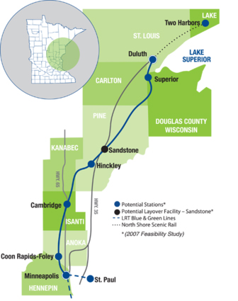 Map showing proposed Twin Cities-Duluth passenger rail route