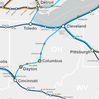 Map showing current and possible passenger rail routes in Ohio