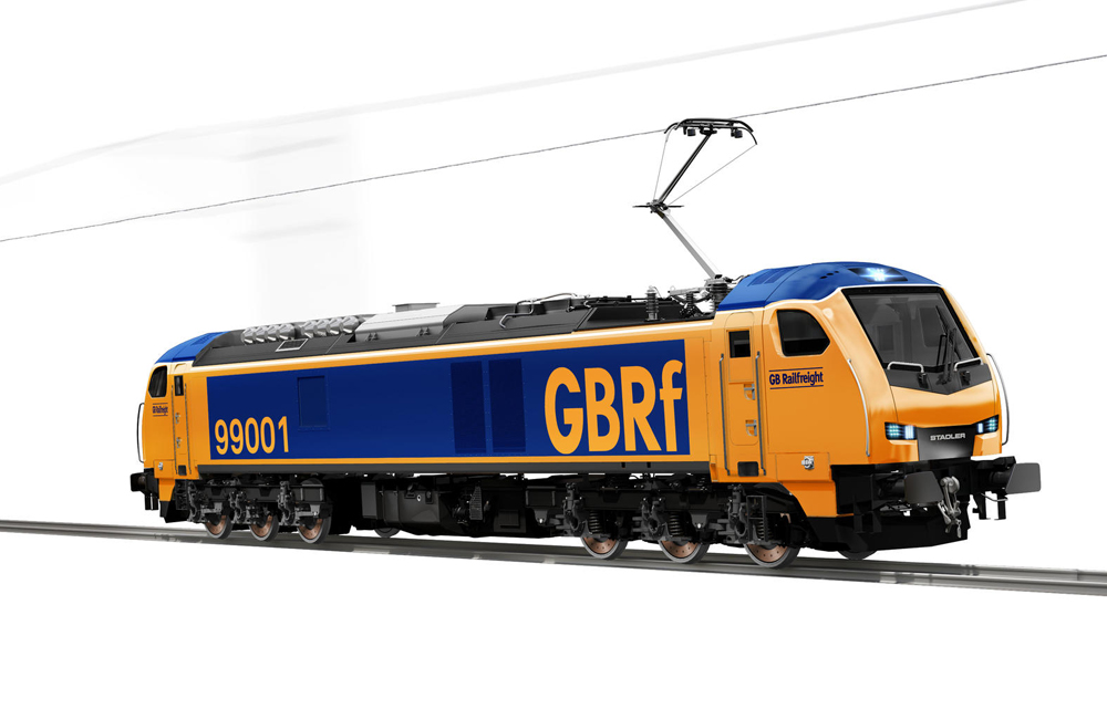 Illustration of blue and yellow locomotive with pantagraph