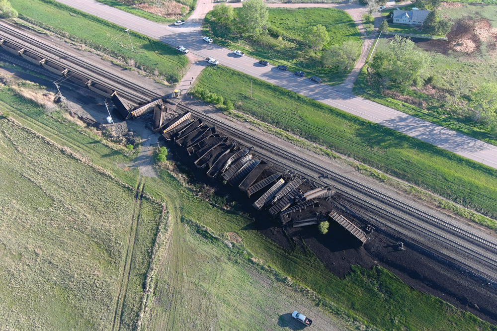 Clean-up continues Thursday evening of a Union Pacific coal train derailment near Gothenburg, Neb. (Nebraska State Patrol Troop D, via Twitter)