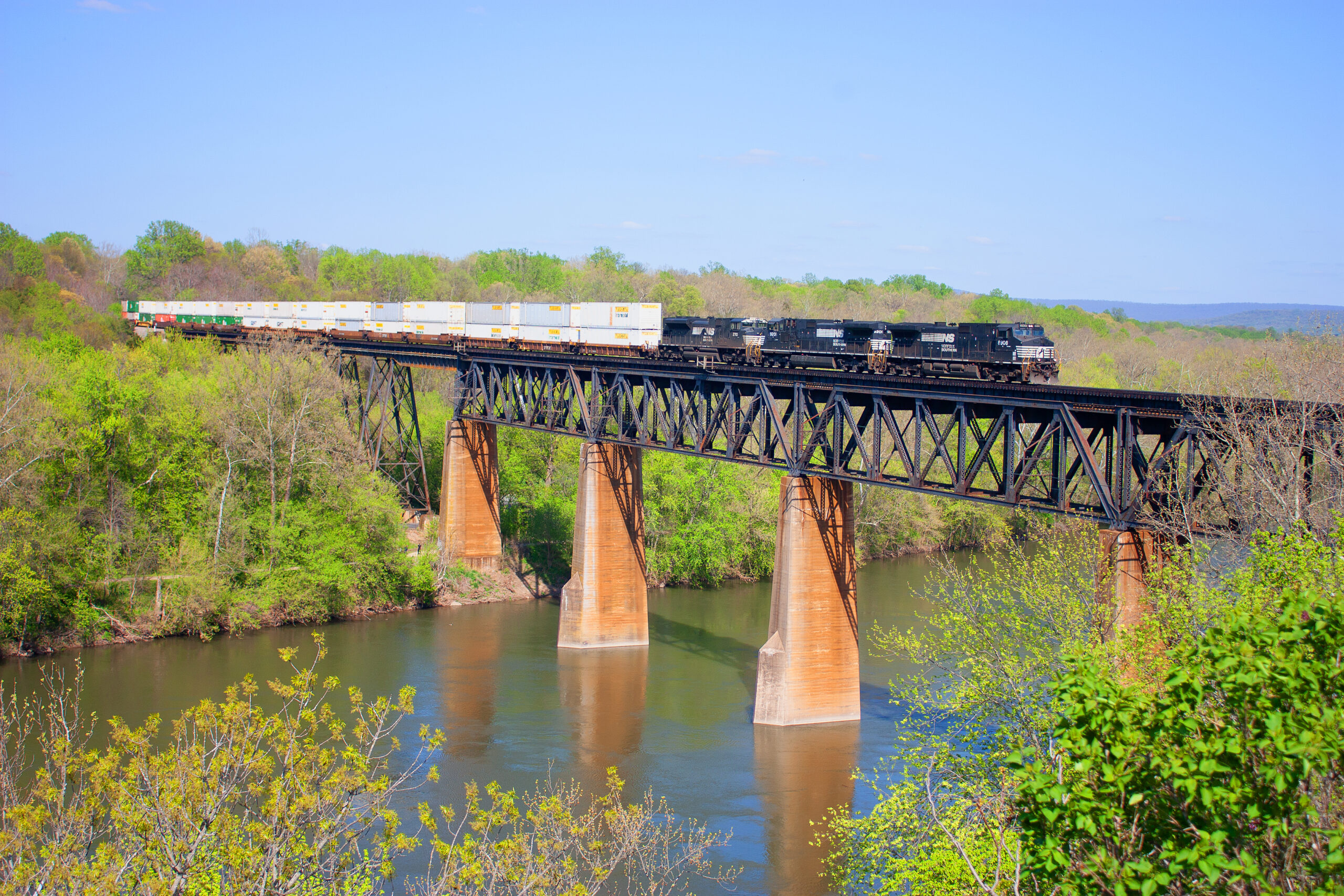 Norfolk Southern train on tall bridge