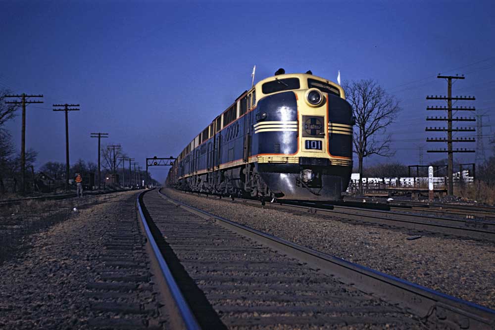 Streamlined blue and yellow diesel locomotive