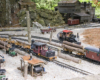 Model lumber company scene in garden railway