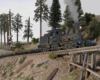 A heavily weathered geared steam locomotive works upgrade over a wood trestle in a logging area