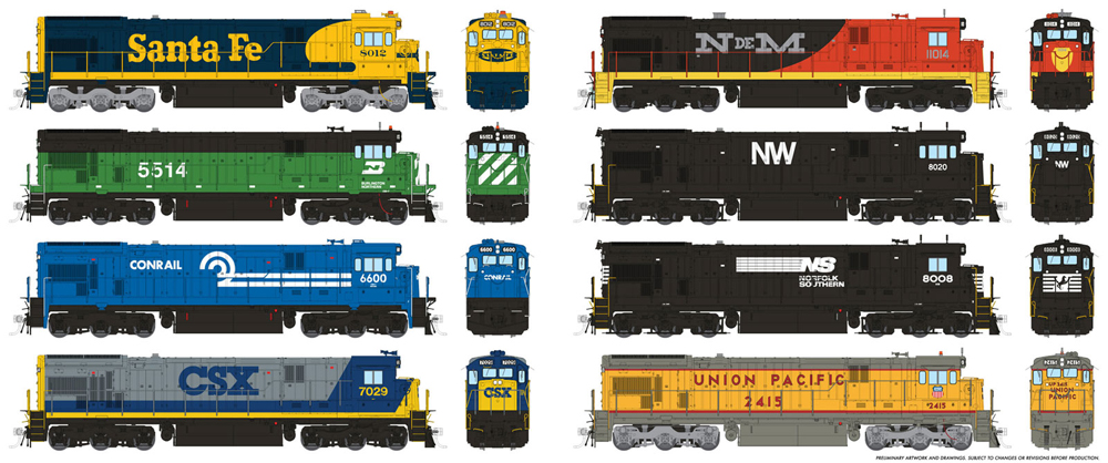 eight paint schemes of diesel locomotives