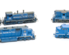 MR&T blue diesel locomotives: Photo of five HO scale diesel locomotives on white background