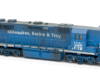 HO scale four-axle road unit with high short hood painted blue with white graphics.