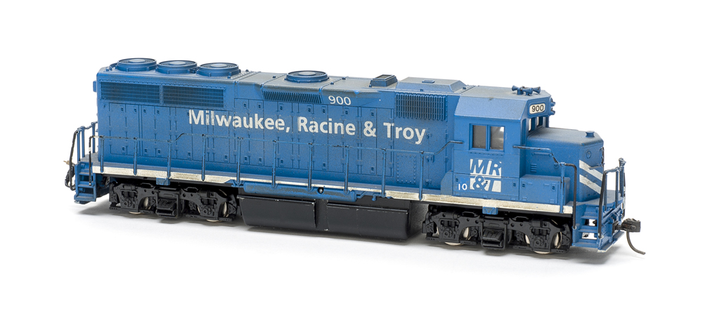 HO scale four-axle road unit painted blue with white graphics.