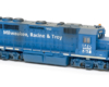 HO scale four-axle road unit painted blue with white graphics.