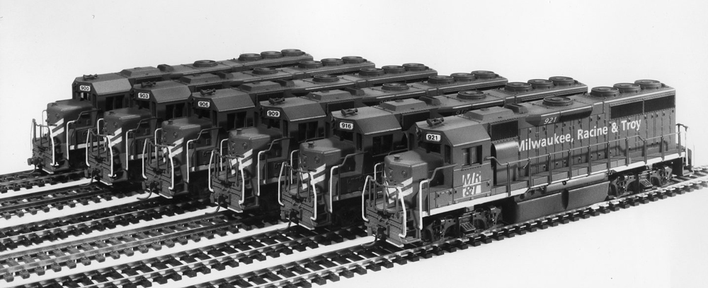 Black-and-white photo of six HO scale locomotives.
