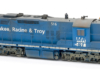 MR&T blue diesel locomotives: High-hood six-axle road unit painted blue with white graphics
