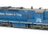 MR&T blue diesel locomotives: High-hood six-axle road unit painted blue with white graphics