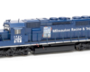Dark blue six-axle road unit with Model Railroader anniversary graphics