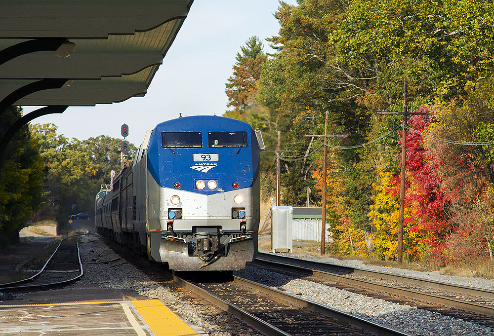 : Passenger train near a station platform with autumnal foliage in the background.